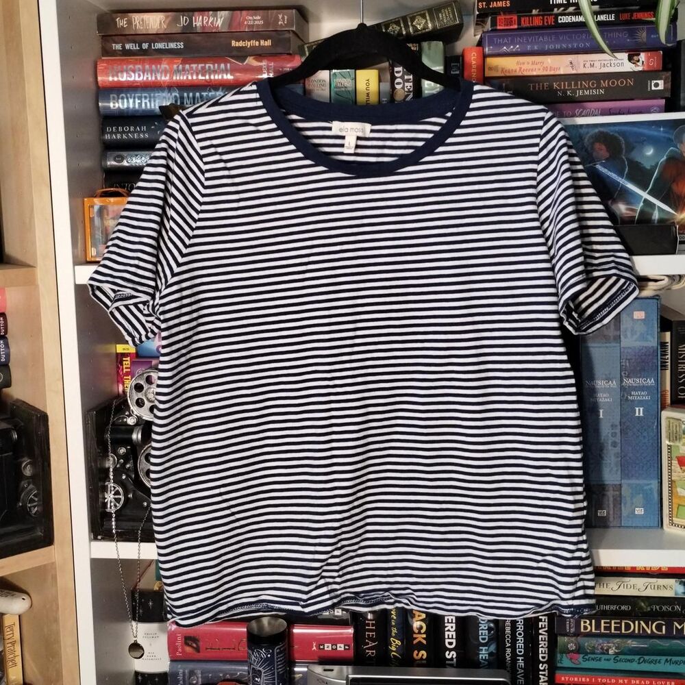 Large Ella Moss Navy and White striped tee with relaxed fit.
